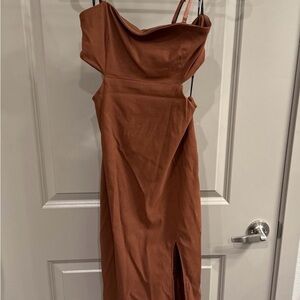 Women’s Brown Cutout Midi Dress with Cowl Neck